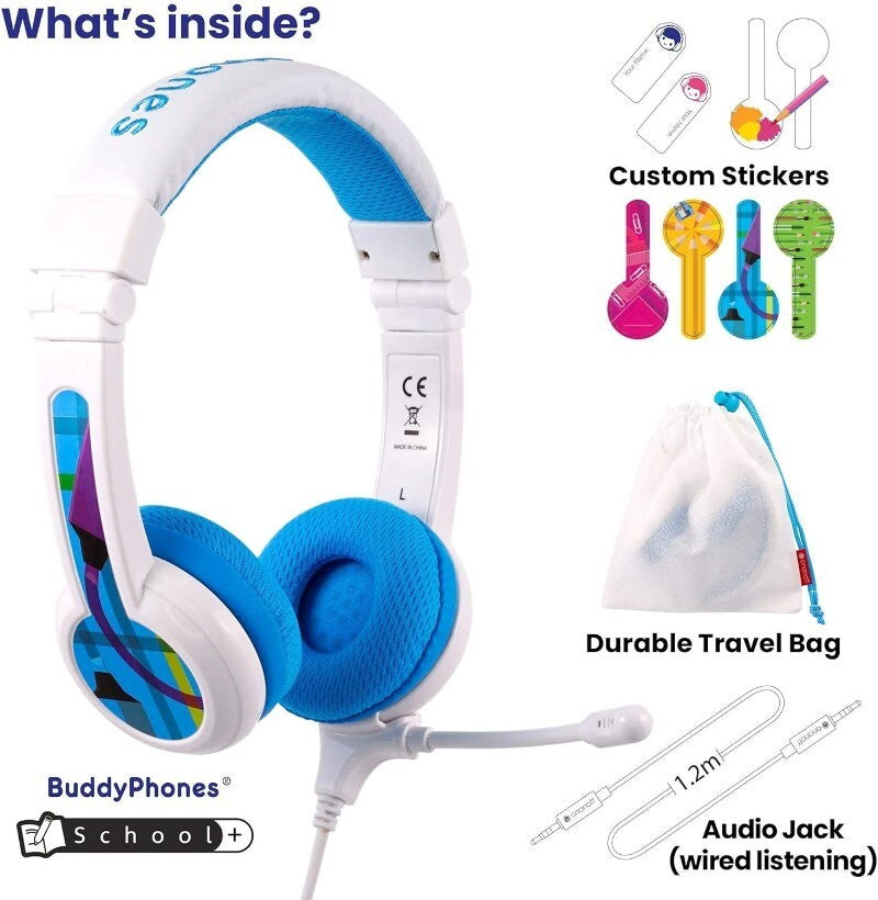 BuddyPhones 2-Pack School+ Home Learning Kids Headphones w/ Mic, BuddyCable
