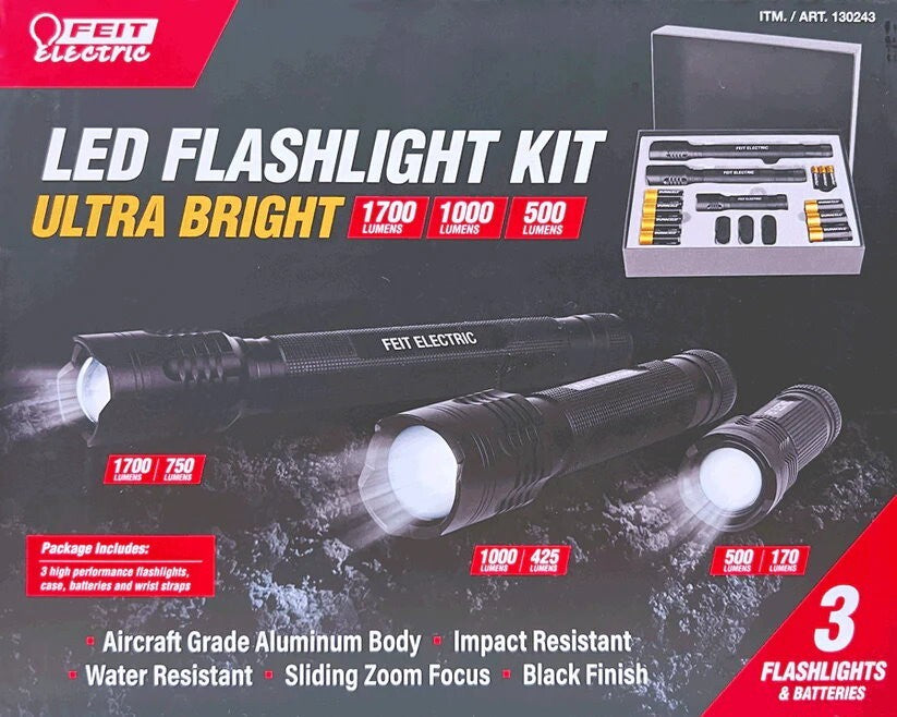 Feit 3 Piece Electric LED Flash Lights Kit Ultra Bright 1700, 1000, 500 Lumens