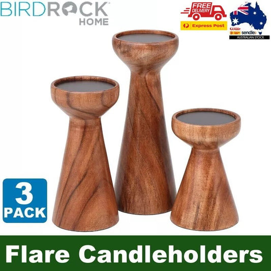 BIRDROCK HOME 3pc Flare Candleholders Gift Set Farmhouse Wooden Candle Holders