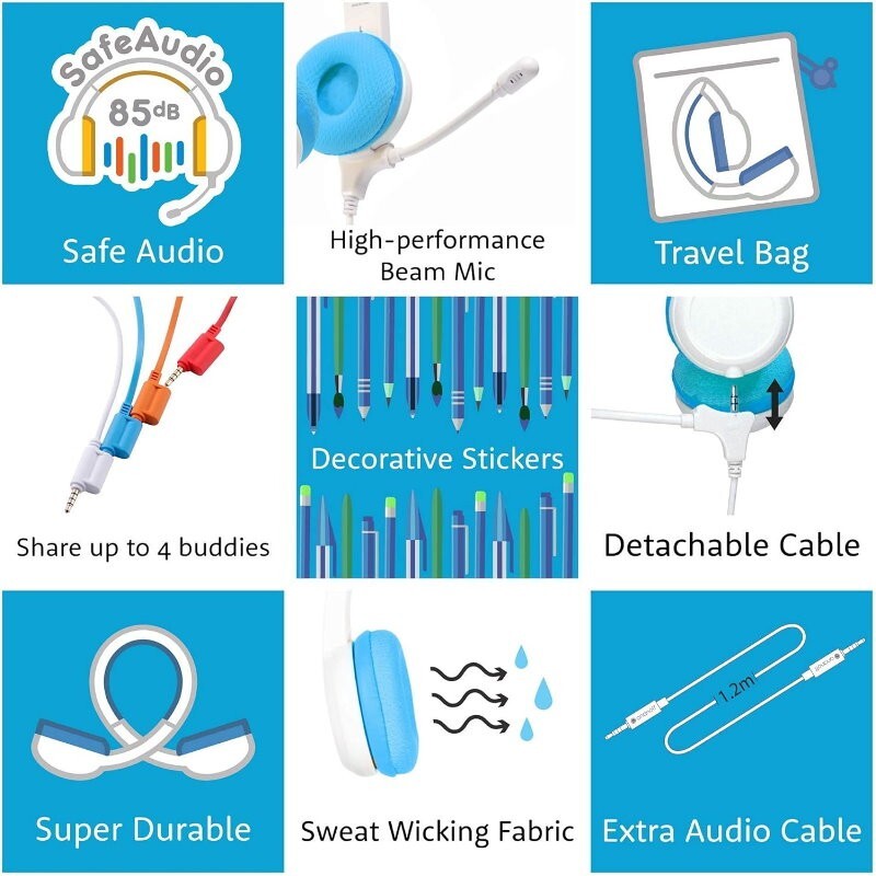BuddyPhones 2-Pack School+ Home Learning Kids Headphones w/ Mic, BuddyCable