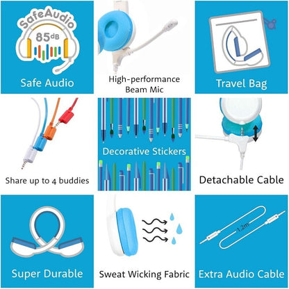BuddyPhones 2-Pack School+ Home Learning Kids Headphones w/ Mic, BuddyCable