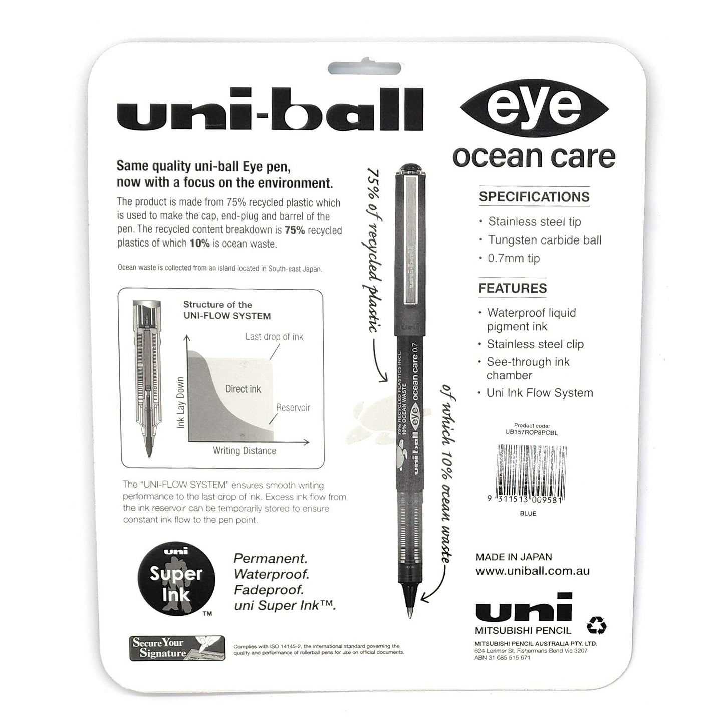 8 x Uni-Ball Rollerball Pen Blue Liquid Ink 0.7mm Stainless steel tip UB157