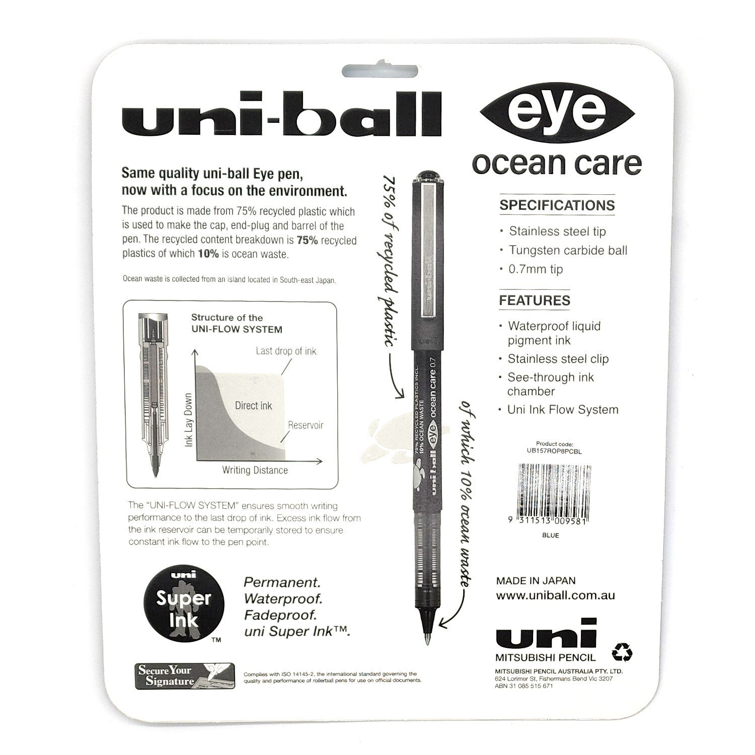8 x Uni-Ball Rollerball Pen Blue Liquid Ink 0.7mm Stainless steel tip UB157