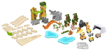 Kidkraft 52 Pcs Wooden Adventure Tracks Safari Run Play Table with Storage Net