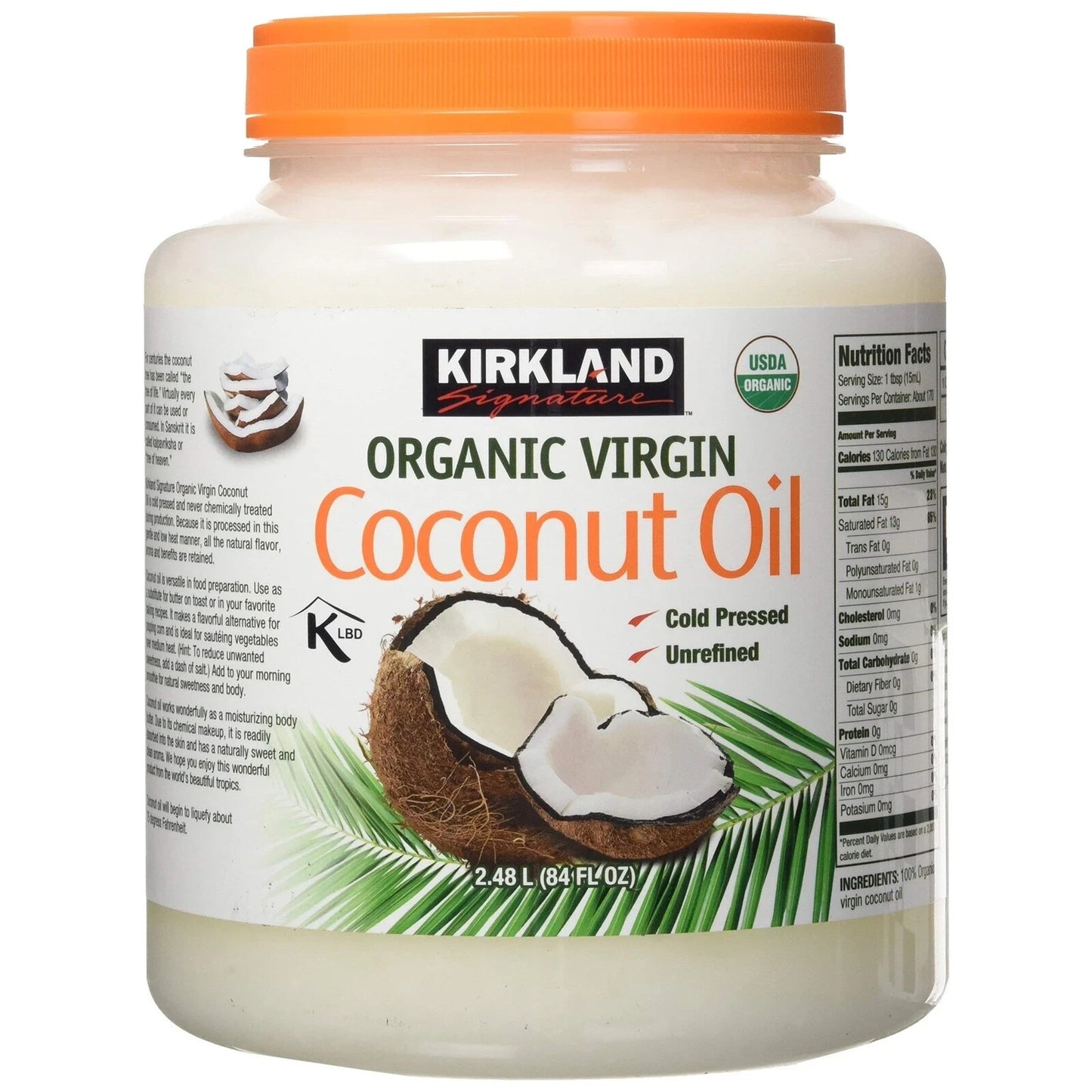 Organic Virgin Coconut Oil Cold Pressed Unrefined Kosher Butter Substitute 2.48L