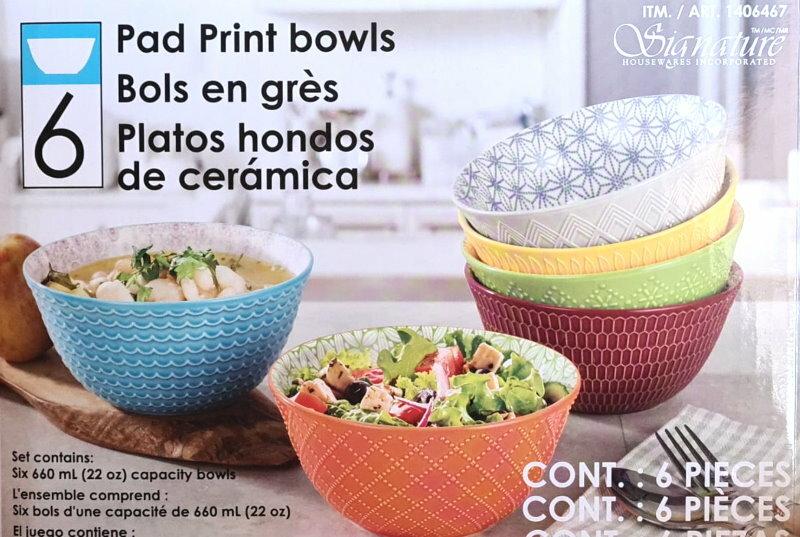 6-Piece Signature Housewares Stoneware Pad Print Bowls 660mL Microwave/Dishwashe