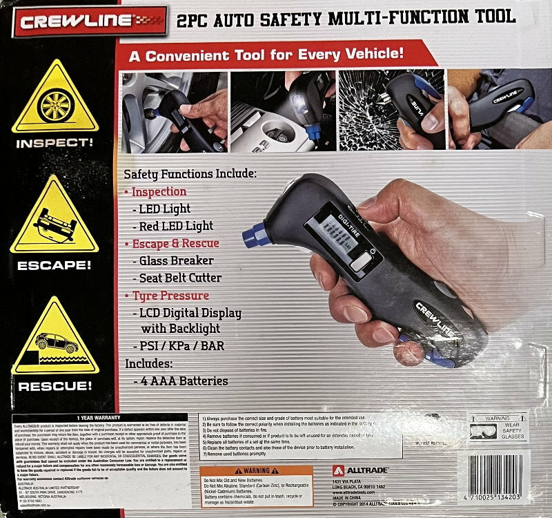 CrewLine 5-in-1 Digital Auto Safety Multi Purpose Tool Tyre Pressure Gauge
