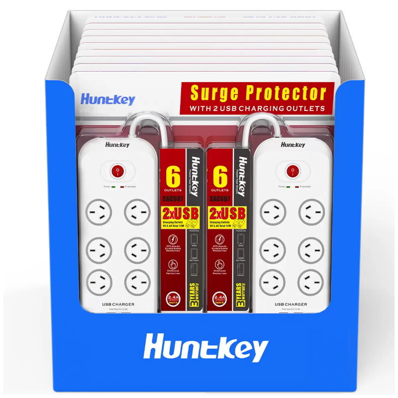 Huntkey AU 6 Way Outlets Powerboard w/ 2 USB Port & Surge Protection Heavy Duty