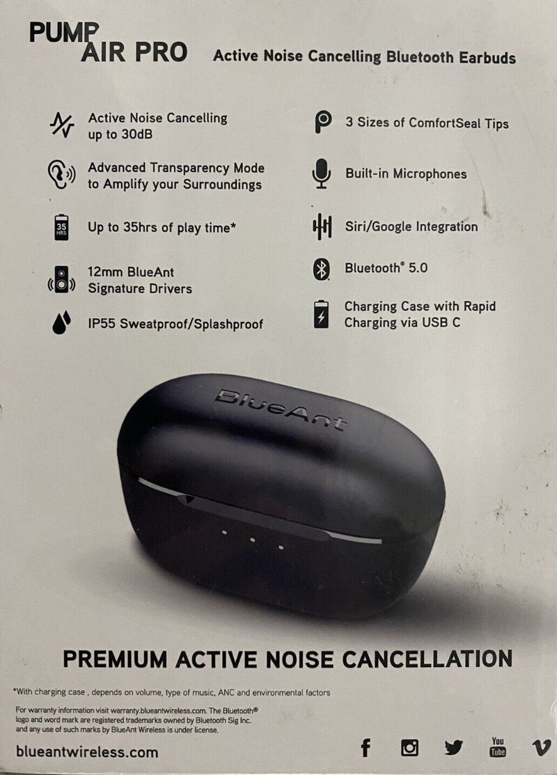BlueAnt Pump Air Pro ANC Premium Active Noise Cancellation Earbuds Headphones