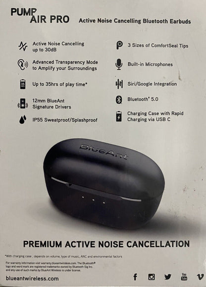 BlueAnt Pump Air Pro ANC Premium Active Noise Cancellation Earbuds Headphones