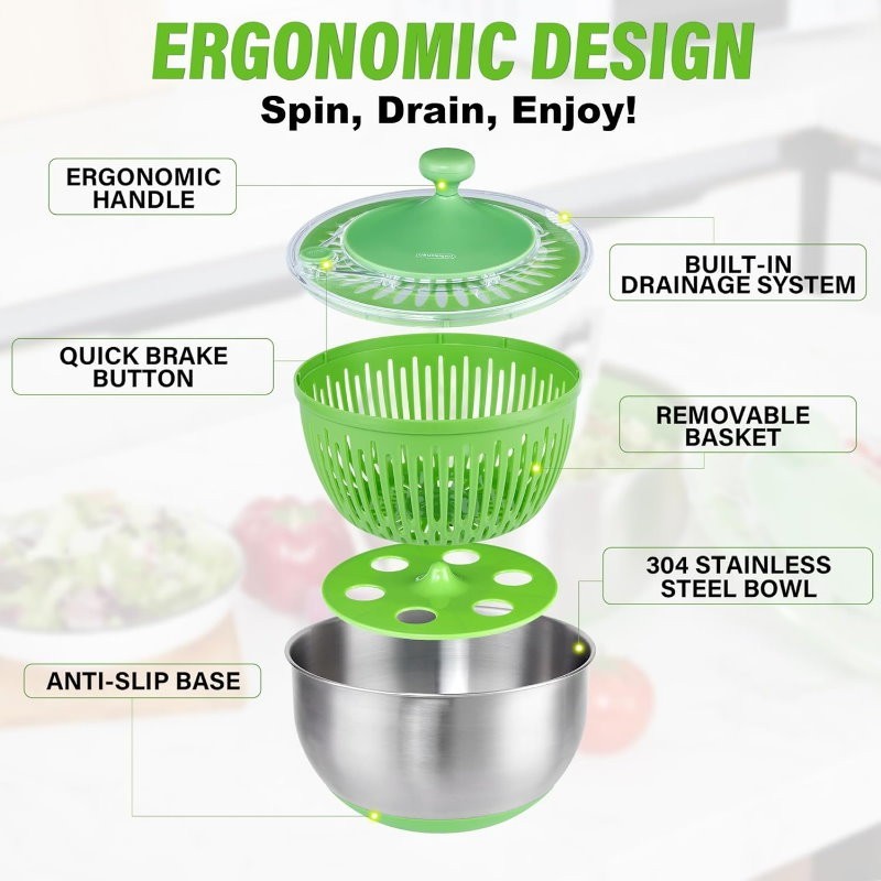 Rollkitchen 4.5L Stainless Steel Salad Spinner Spin Dry Multi-Use Lettuce Washer