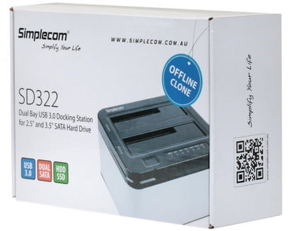 Simplecom SD322 Dual Bay USB 3.0 Aluminium Docking Station for 2.5" 3.5" SATA HD