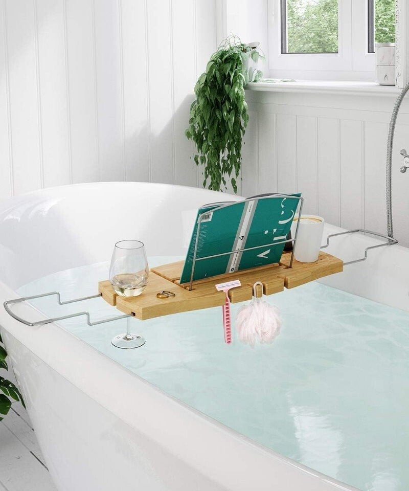 Umbra Aquala Bamboo Extendable Bath Tub Caddy Wine Glass Ipad Book Holder