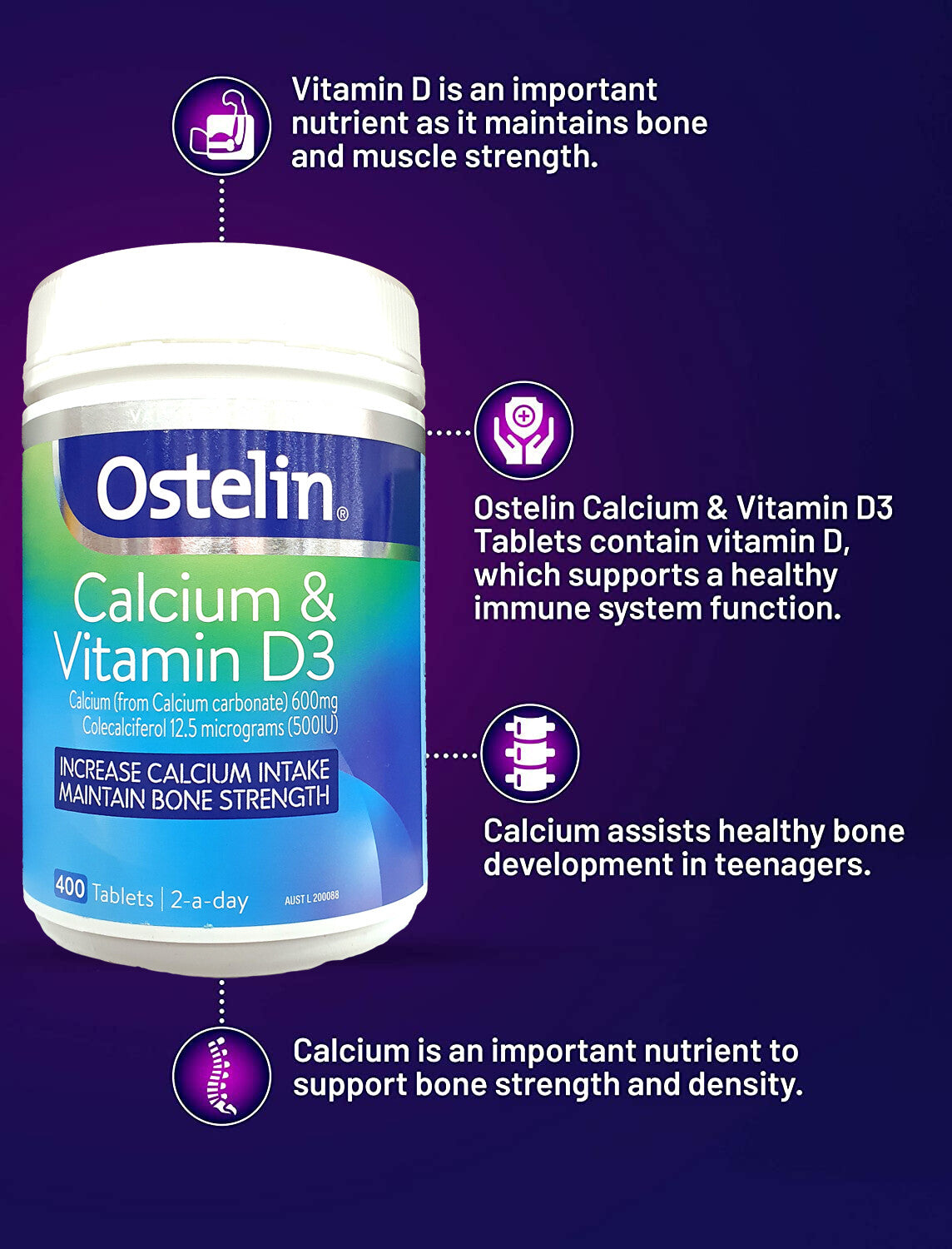 Ostelin Increase Calcium & Vitamin D3 Uptake Maintain Bone Strength 400 Capsules