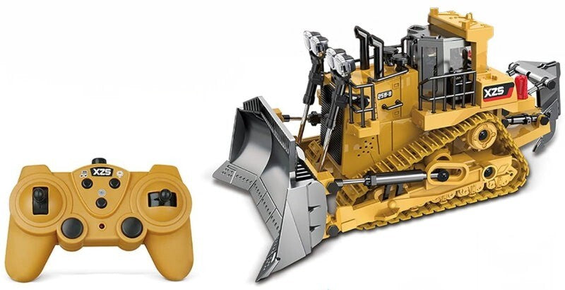 XZS 1:24 360° Rotation 9CH 2.4G RC Bulldozer Toy w/ Sound, Light, Alloy Bucket