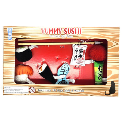 Yummy Sushi Catnip Toys 7 Piece Set with 2 Wands for Cats Soft Toy Playtime Fun