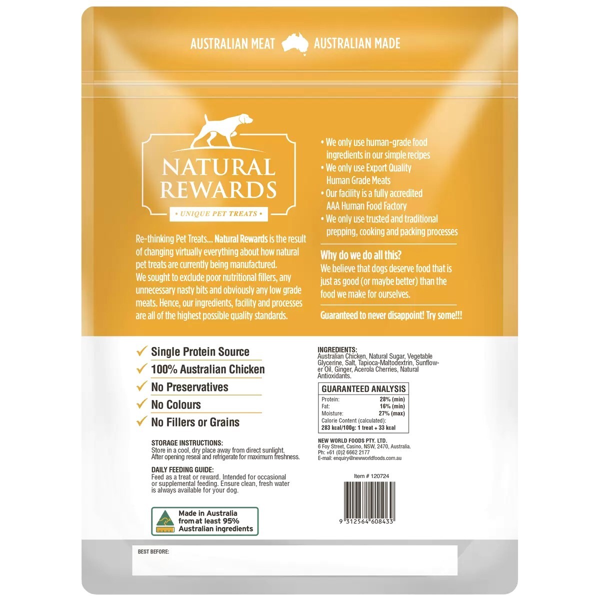 Natural Rewards Human Grade Chicken Dog Pet Food Treats Australian Made 500g