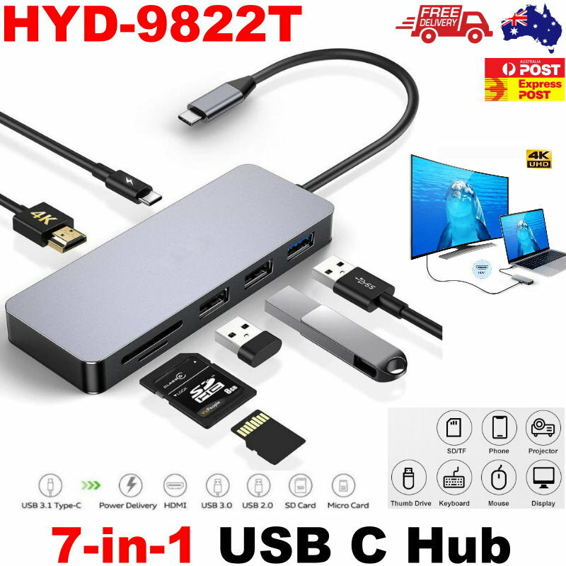 HYD-9822T 7-in-1 USB C Hub with 4K HDMI, USB3.0, USB2.0, SD, Micro SD, PD