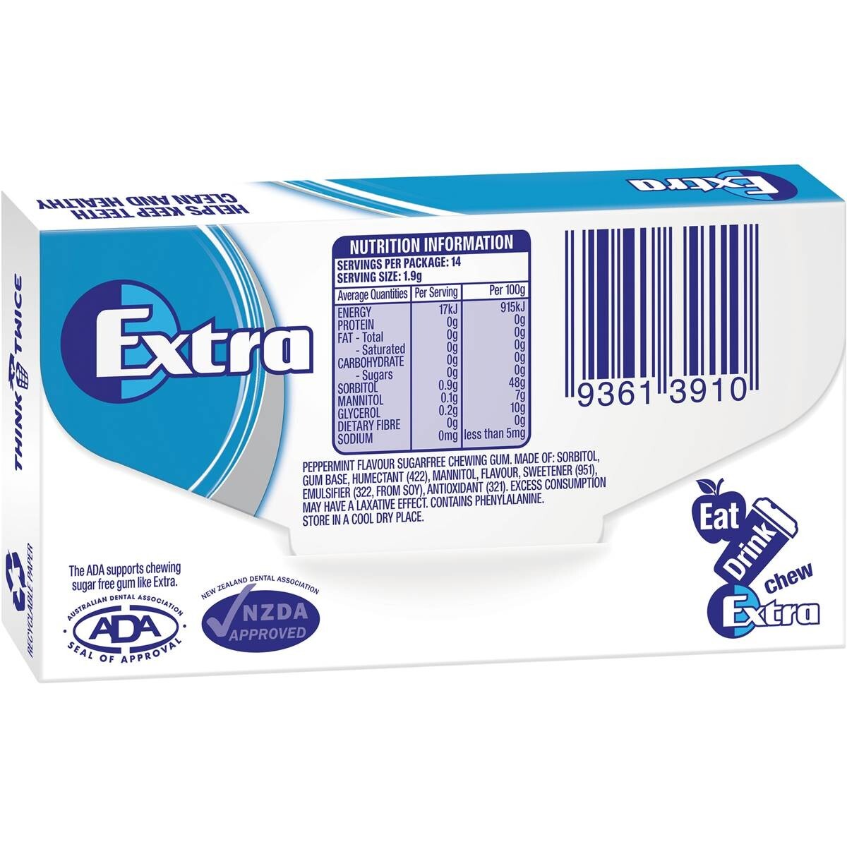 24 x 27g pack Wrigleys Extra Peppermint Sugarfree Chewing Gum Fresh Mint Breath