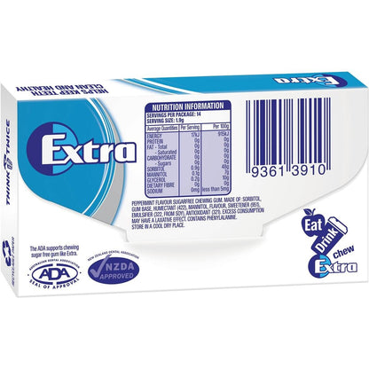 24 x 27g pack Wrigleys Extra Peppermint Sugarfree Chewing Gum Fresh Mint Breath