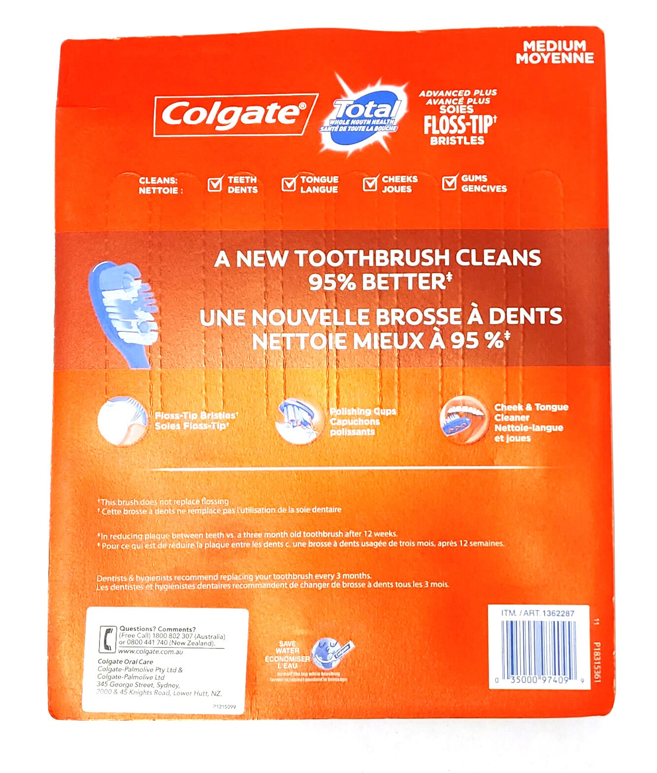 Colgate Total Advanced Plus Floss-Tip Manual Toothbrushes Tongue Cleaner 8 pack