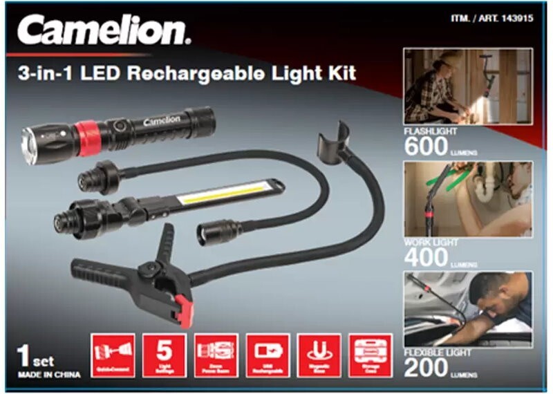 Camelion 3-in-1 LED Waterproof Rechargeable Flashlight Kit Work Light Flexible