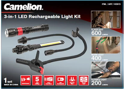 Camelion 3-in-1 LED Waterproof Rechargeable Flashlight Kit Work Light Flexible