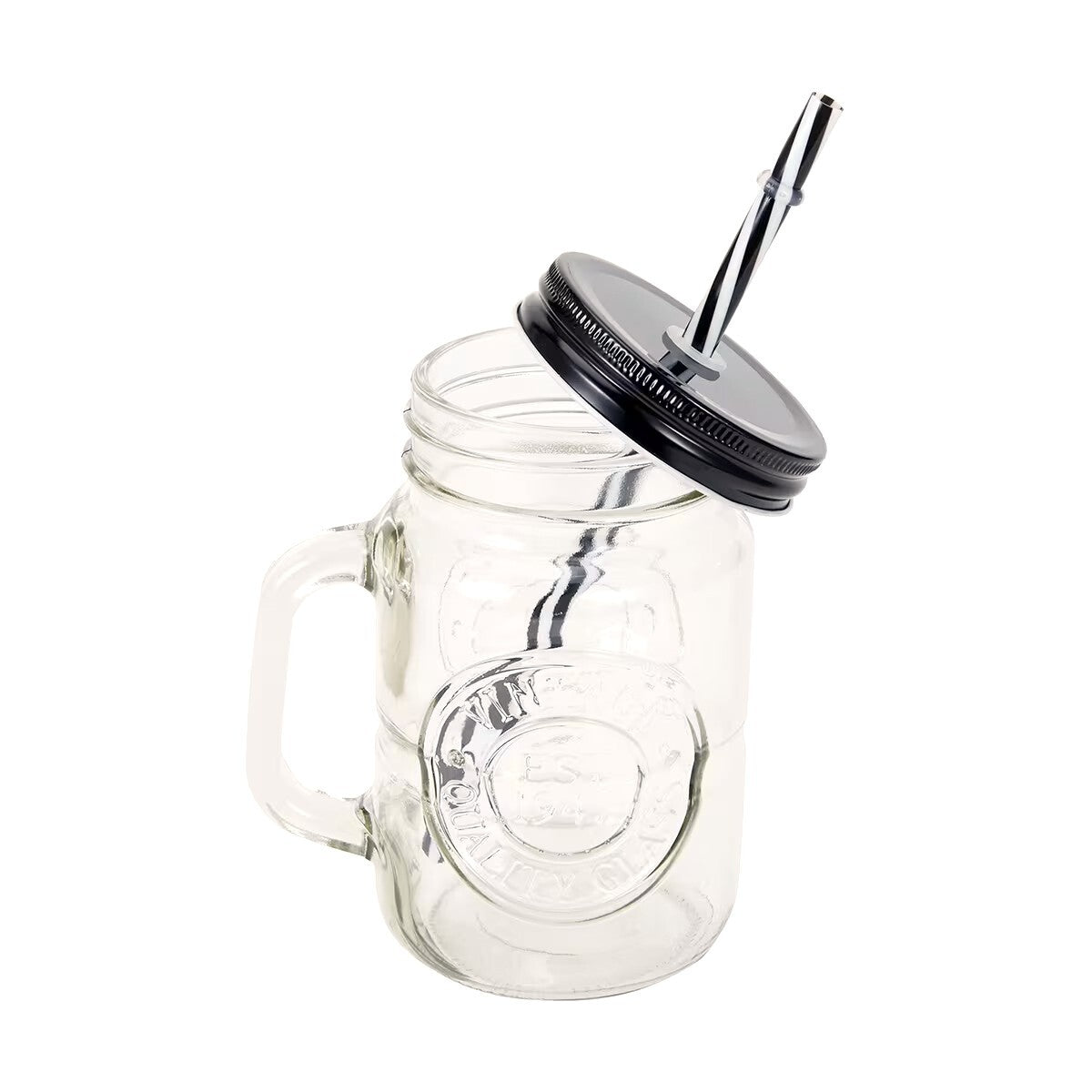 Mason Jar With Handle and Straw In Caddy Drinking Soda Lime Glass Jar Lid 500ml