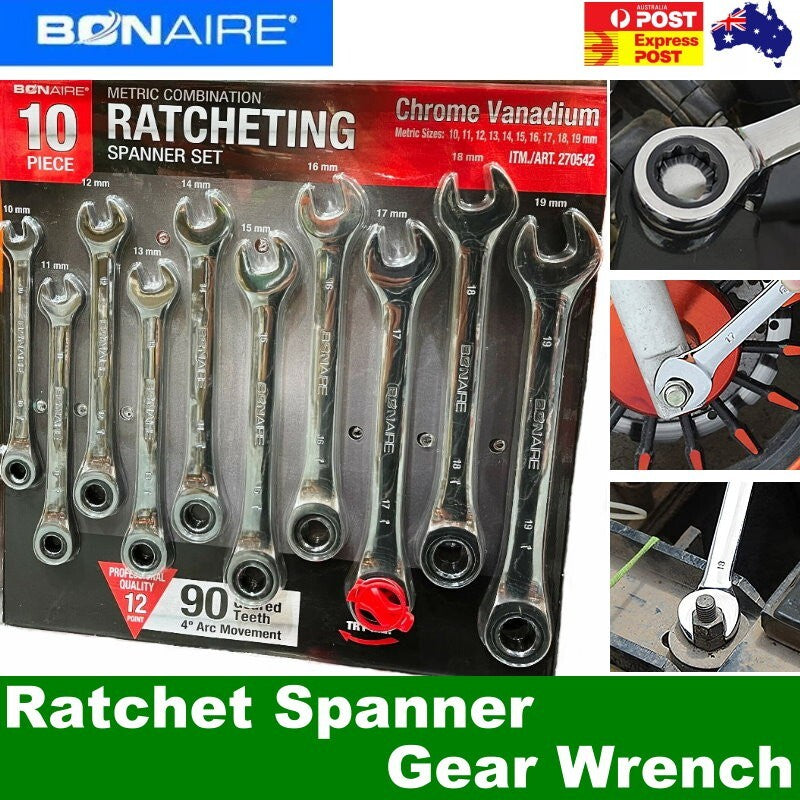 Bonaire 10 PCs 10-19mm Professional Metric Ratcheting Spanner Ratchet Wrench Set