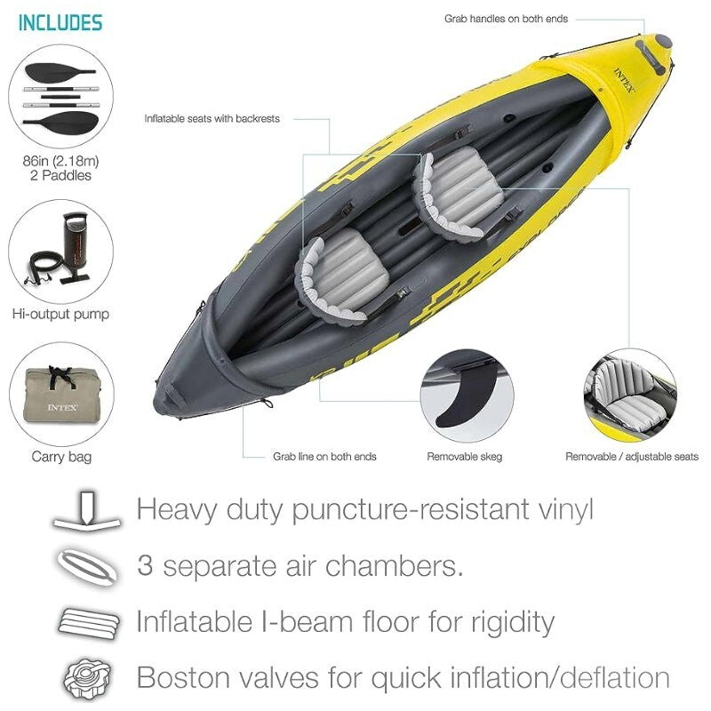 Intex 2-Person Explorer K2 Inflatable Kayak with Bag Canoe River Lake Boat 180kg