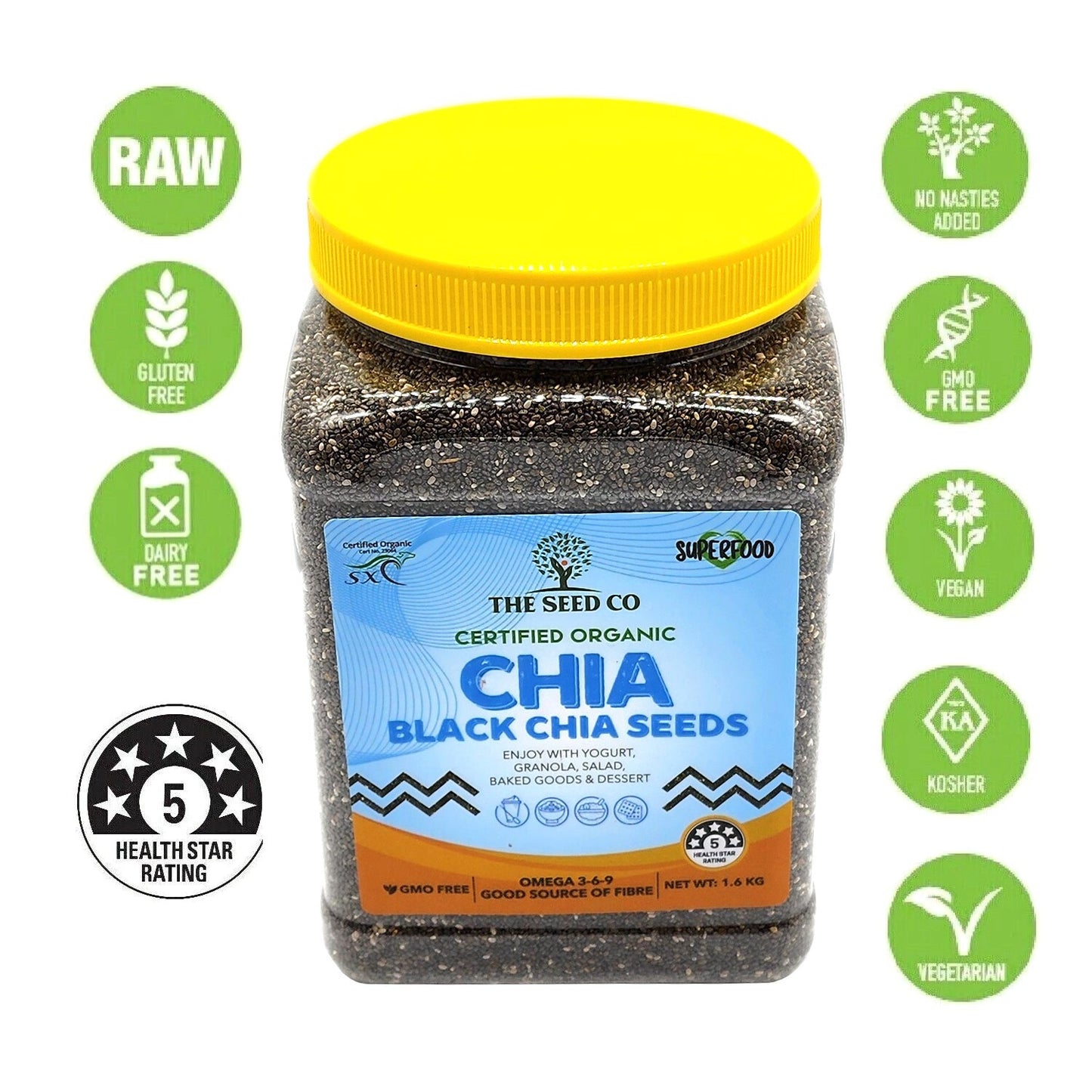 1.6kg Black Chia Seeds Vegan Gluten GMO Free XSC Certified Organic Superfood