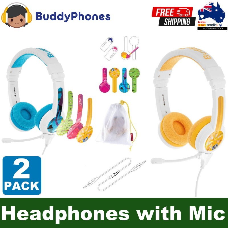 BuddyPhones 2-Pack School+ Home Learning Kids Headphones w/ Mic, BuddyCable