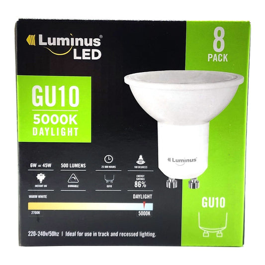 Luminus LED GU10 6w Recessed Downlight 500 Lumens Dimmable 5000k Daylight 8 Pack