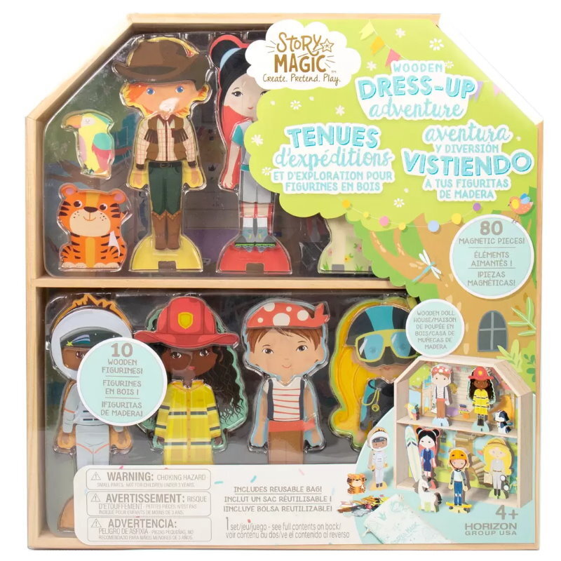 Story Magic Wooden Dress-Up Dolls Assortment -Dollhouse, 10 Figurines, 80 Magnet