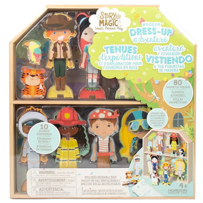 Story Magic Wooden Dress-Up Dolls Assortment -Dollhouse, 10 Figurines, 80 Magnet
