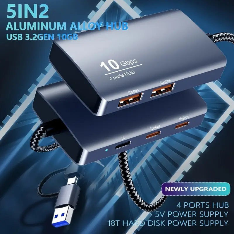 Universal 5-in-2 USB 3.2 Gen2 10Gbps Hub Splitter with 4x USB 3.2 + 1x USB C