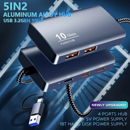 Universal 5-in-2 USB 3.2 Gen2 10Gbps Hub Splitter with 4x USB 3.2 + 1x USB C