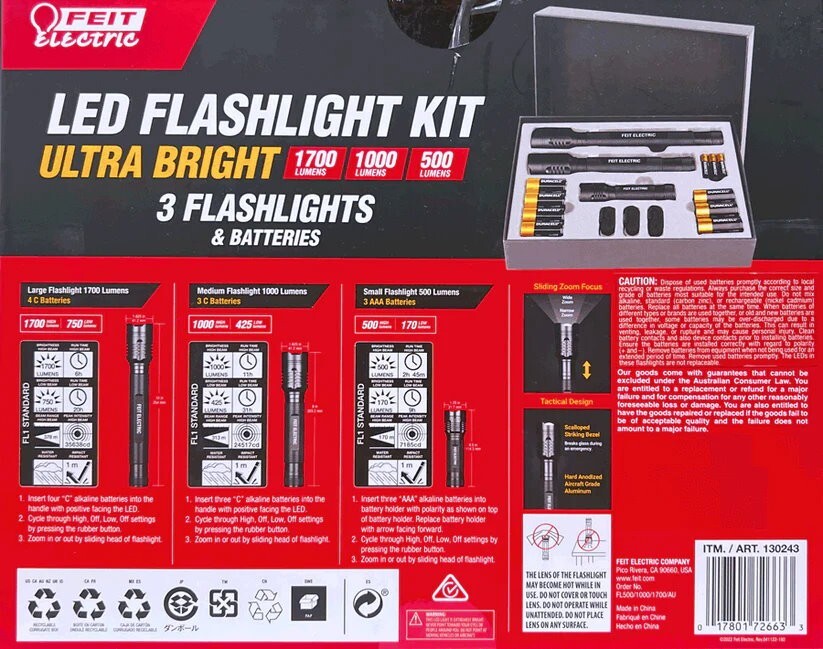 Feit 3 Piece Electric LED Flash Lights Kit Ultra Bright 1700, 1000, 500 Lumens