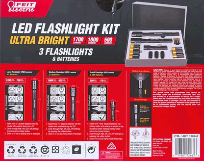 Feit 3 Piece Electric LED Flash Lights Kit Ultra Bright 1700, 1000, 500 Lumens