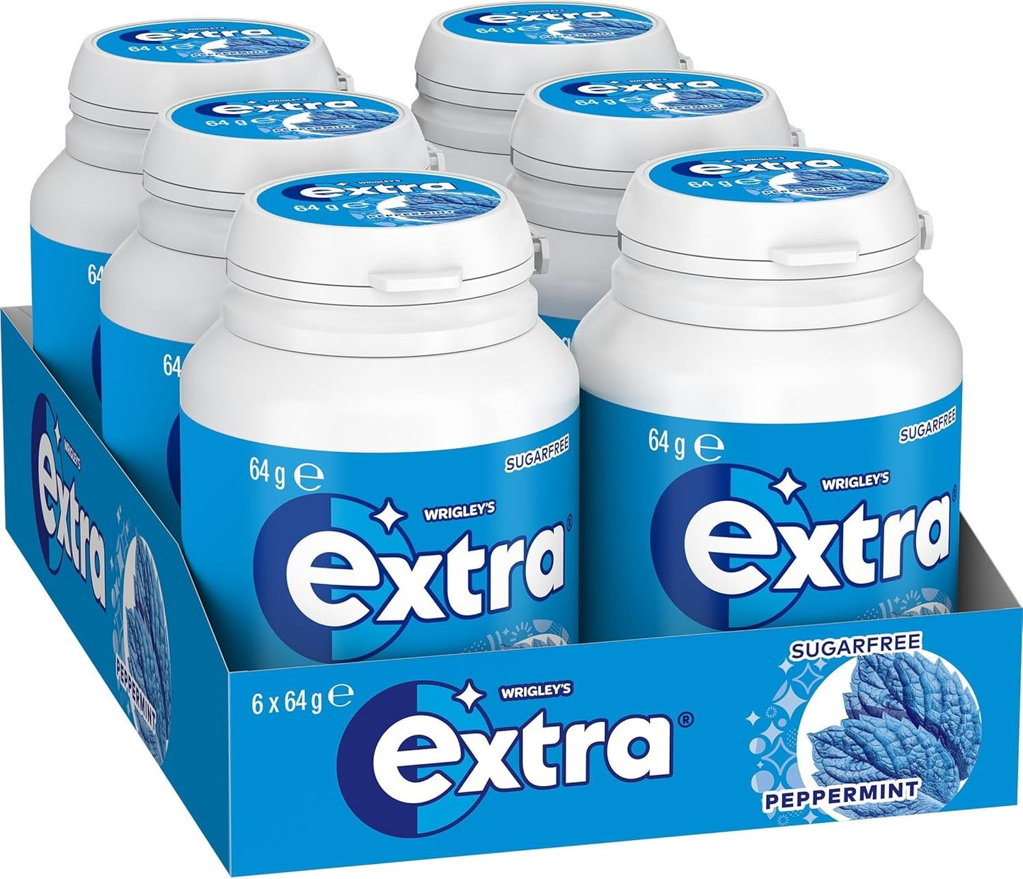 6 x 64g Bottle Wrigleys Extra Peppermint Sugarfree Chewing Gum Fresh Mint Breath