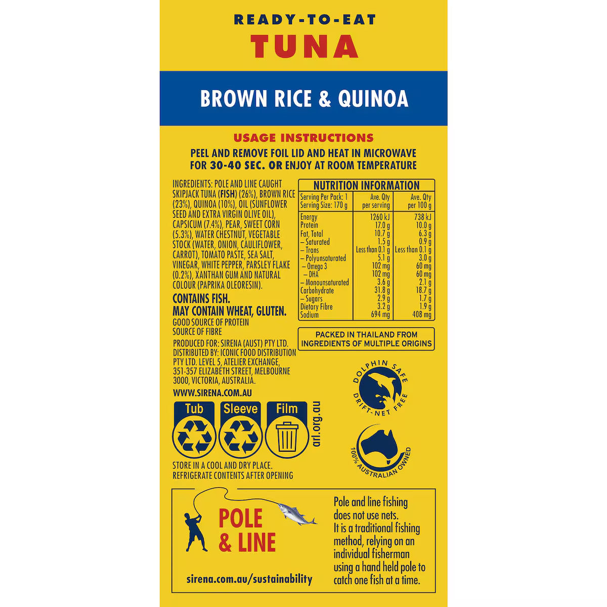 Sirena 5 x 170g Tuna Brown Rice & Quinoa Healthy Ready to Eat Lunch Dinner Meals