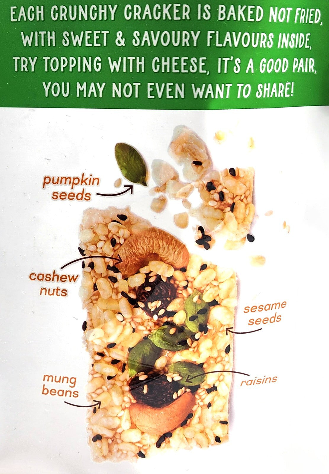 Crispy Baked Trail Mix Mung Beans Cashew Sesame Seed Raisin Crackers 34 x 11.6g