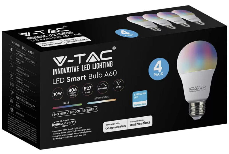 V-TAC Bluetooth Smart RGB LED Light Bulb A60 E27 or B22 - App or Voice Control