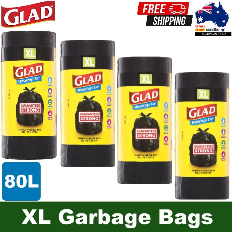 Glad XL 80L Extra Large Wavetop Tie Garbage Bags with Leak Proof Base 78 x 100cm