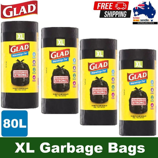 Glad XL 80L Extra Large Wavetop Tie Garbage Bags with Leak Proof Base 78 x 100cm