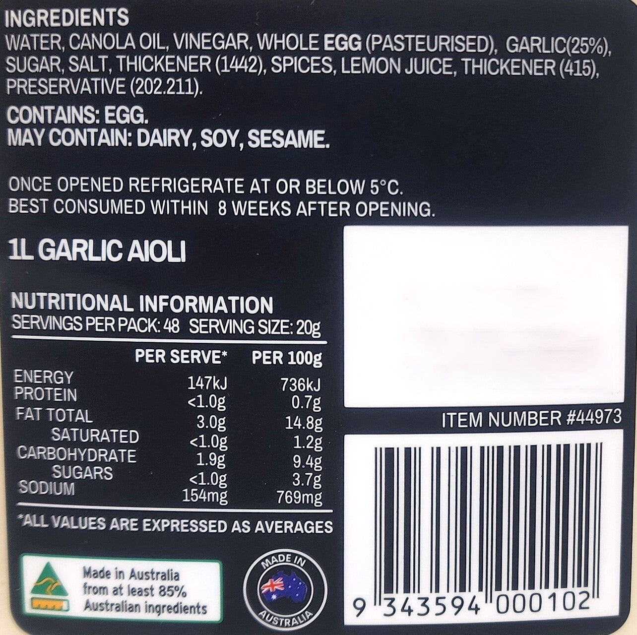 Garlic Aioli Dressing Mayo Mayonnaise Dipping Sauce 8 Food Australian Made 1L