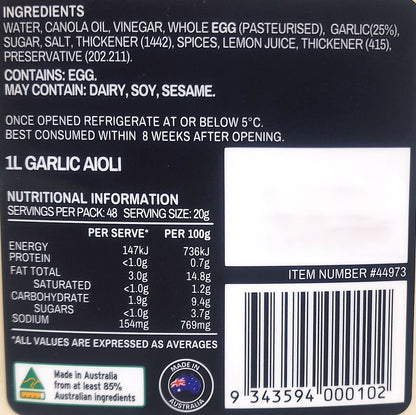 Garlic Aioli Dressing Mayo Mayonnaise Dipping Sauce 8 Food Australian Made 1L