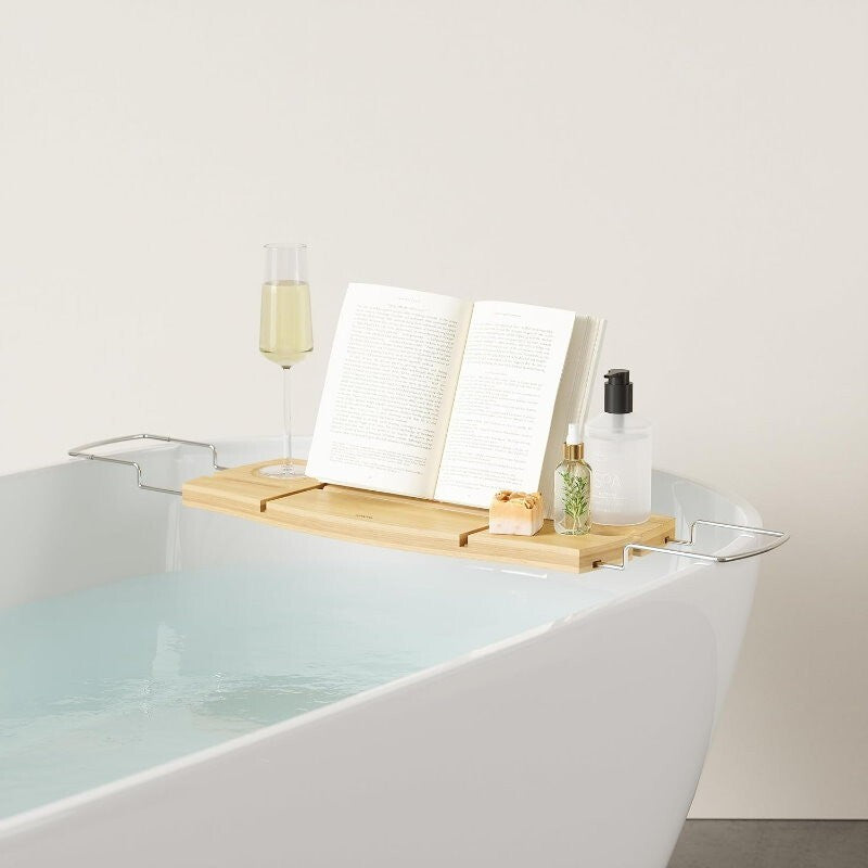 Umbra Aquala Bamboo Extendable Bath Tub Caddy Wine Glass Ipad Book Holder