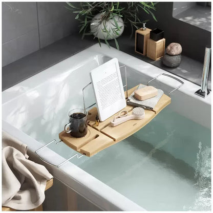Expandable Natural Bamboo Bathtub Caddy Tray Adjustable Bath Tub Organiser Shelf