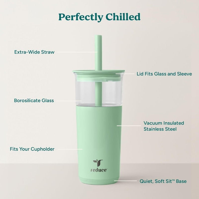 REDUCE Aspen 20oz 590ml Vacuum Insulated Glass Tumbler w/ Lid & Extra Wide Straw